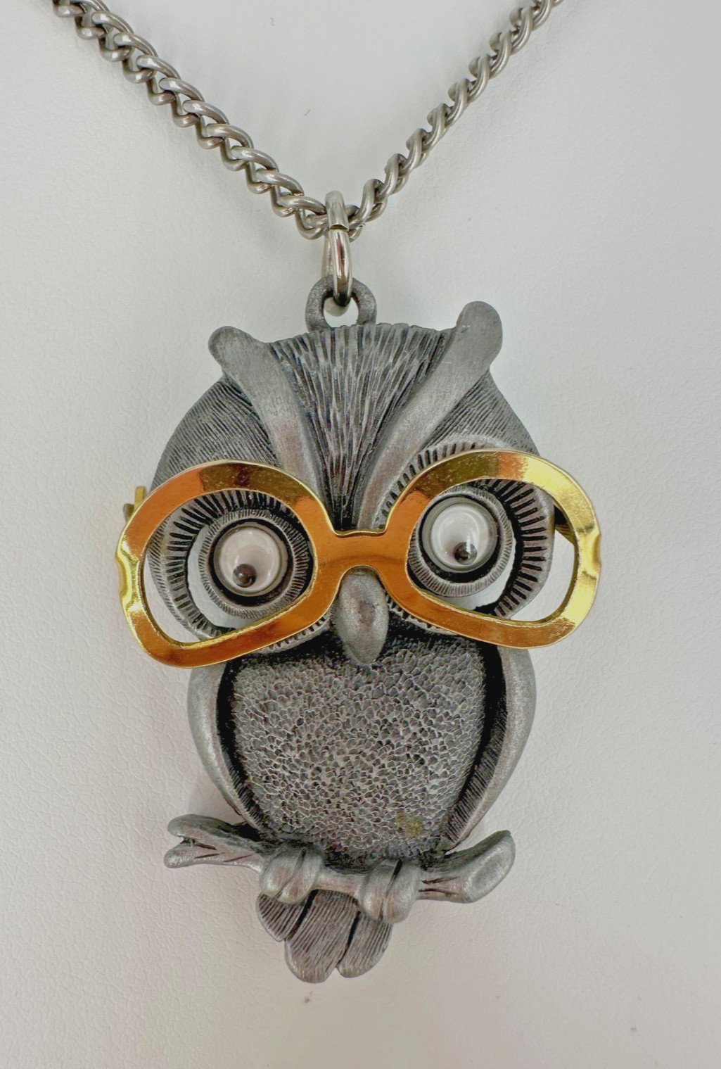Vintage FAB Pewter Tone Googly Eyed Owl With Movable Eyeglasses Pendant Necklace
