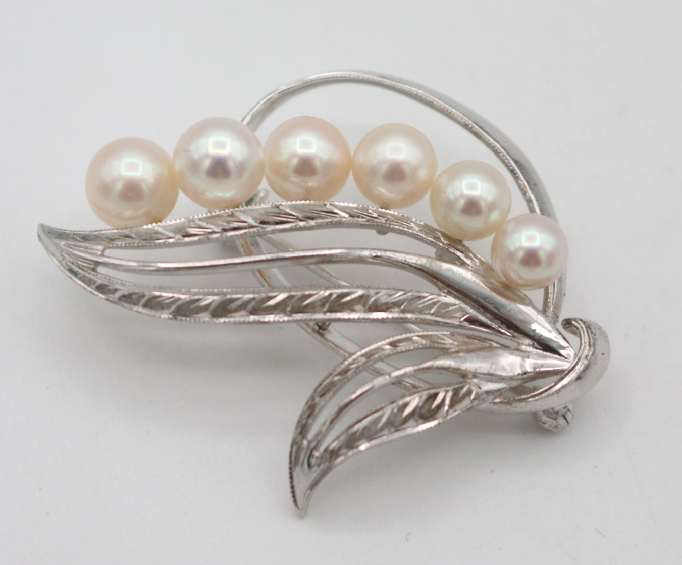 Vintage Mikimoto M S Signed Sterling Silver Akoya 6 Pearl Leaf Pin Brooch 7.15g
