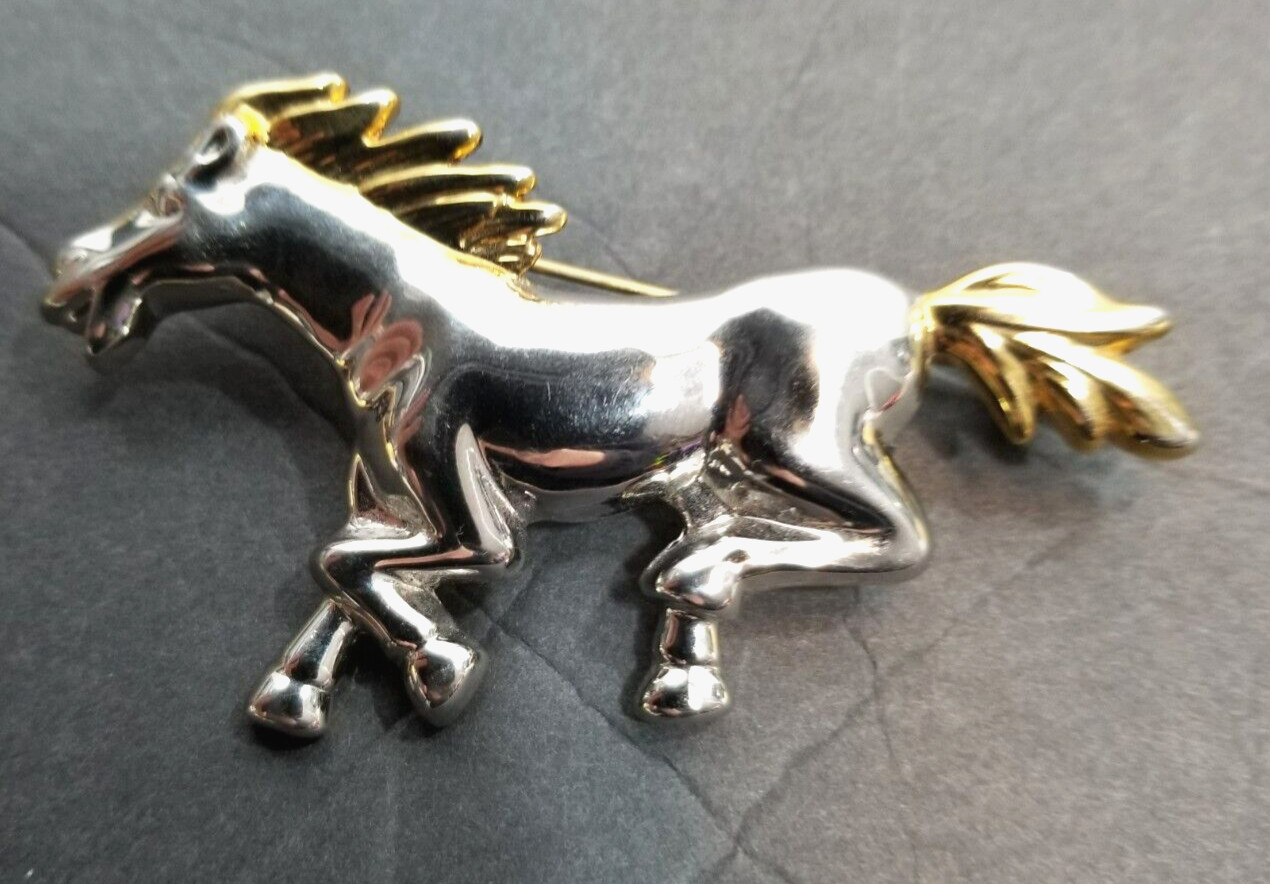 Vintage Silver and Gold Tone Running Horse Brooch Pin Pendant