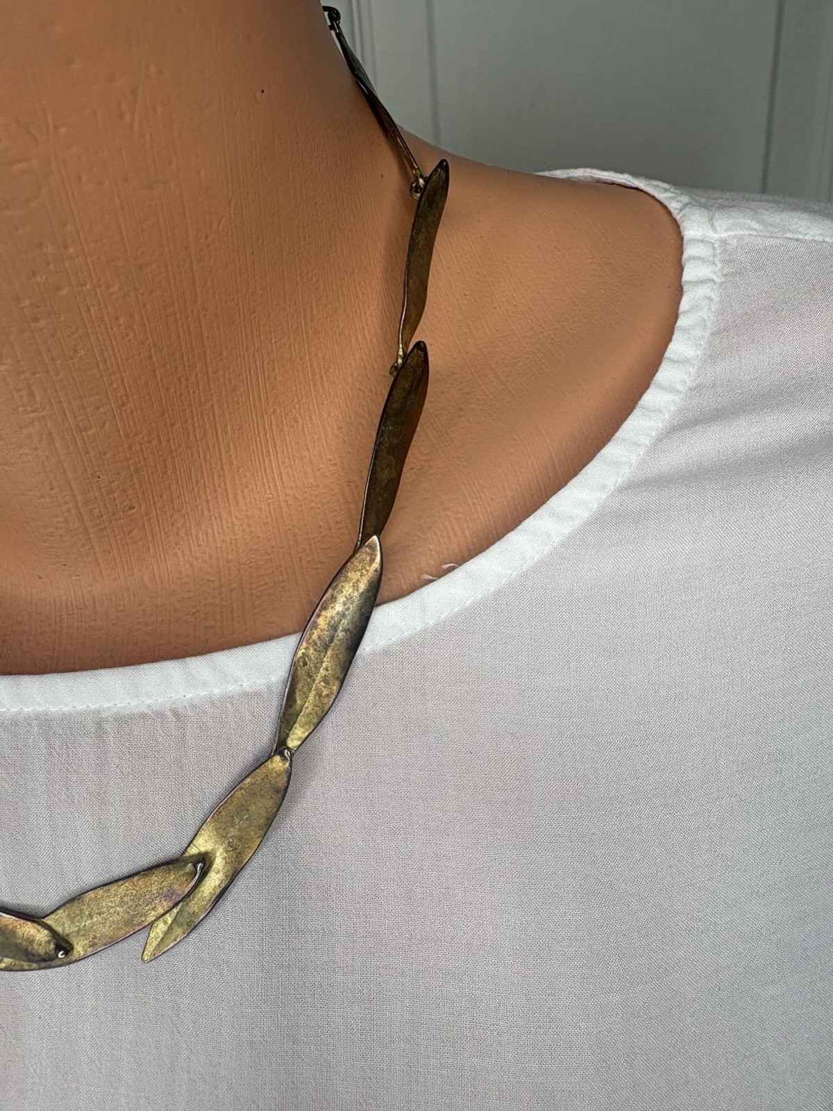 VTG Virginia Parissi Brutalist Leaf Necklace Earrings Set Bronze Tone Modernist