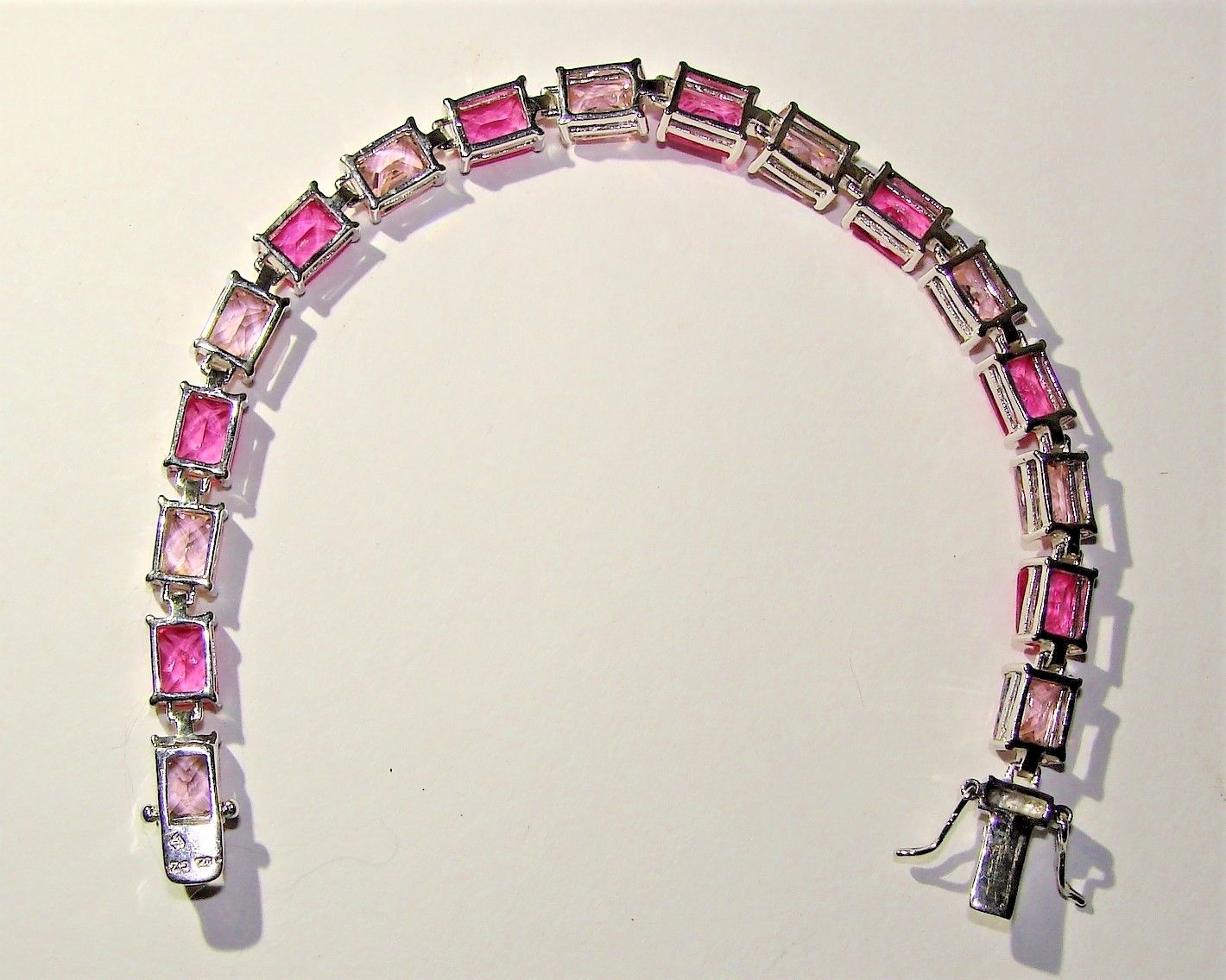 STERLING SILVER PINK EMERALD CUT CZ 925 TENNIS BRACELET 7.5″ X 6MM 21.4g EC