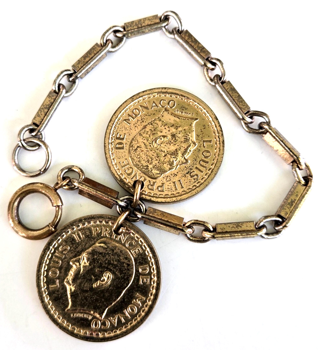 Vintage 1940s Fake French Coin Charm Gold Tone Split Bar Link Chain Bracelet 7″