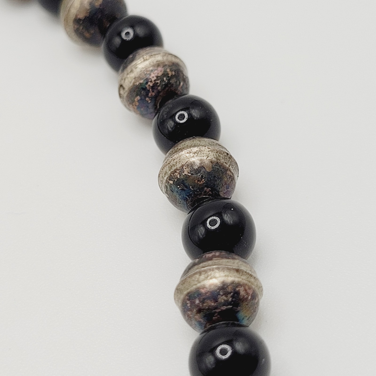 Southwestern Artisan Black Onyx Silver Tone Bead Bib Fringe Vtg Necklace 18 Inch