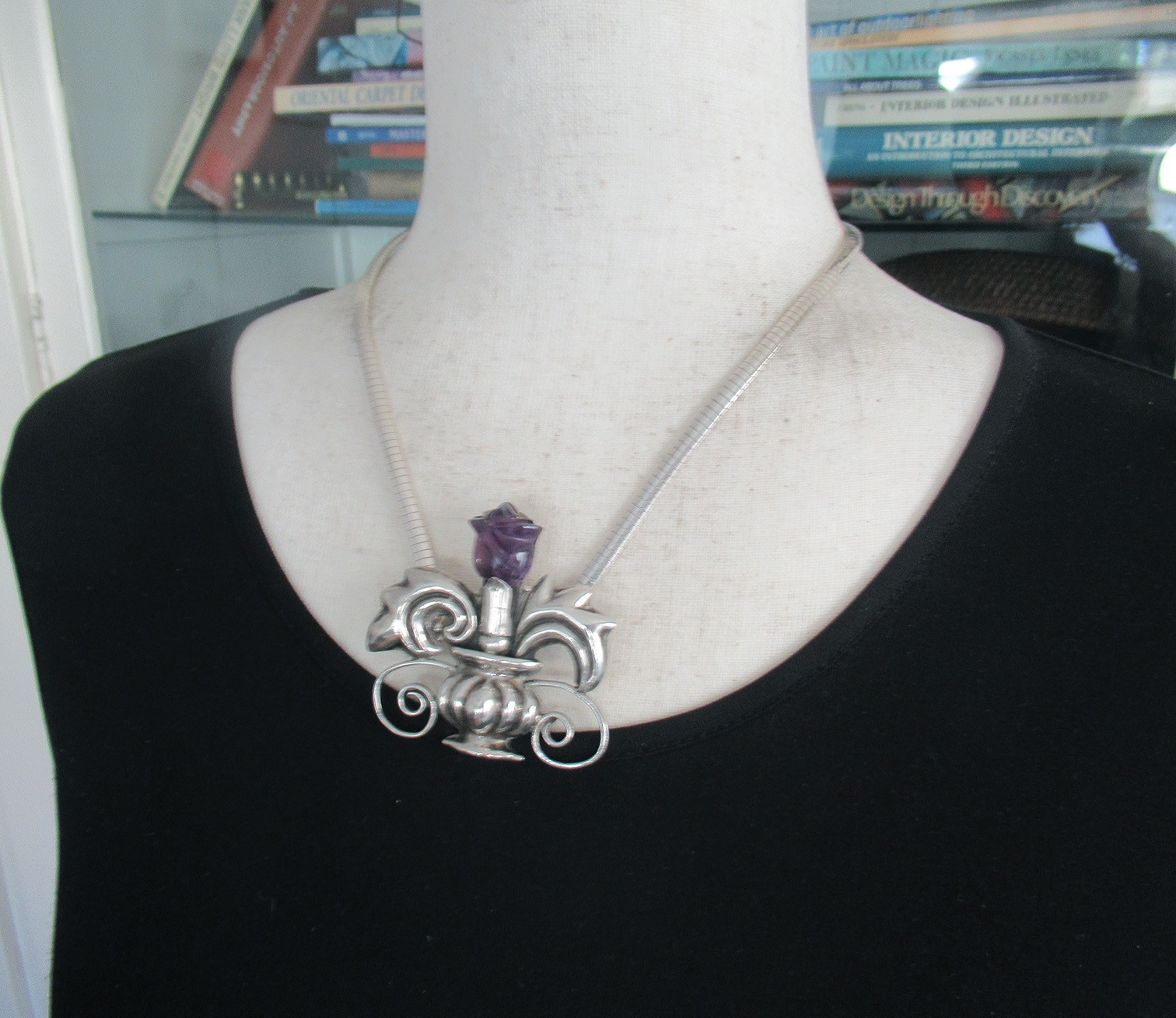 SPRATLING ERA STERLING BROOCH w AMETHYST FLOWER, 2 3/8 INCHES