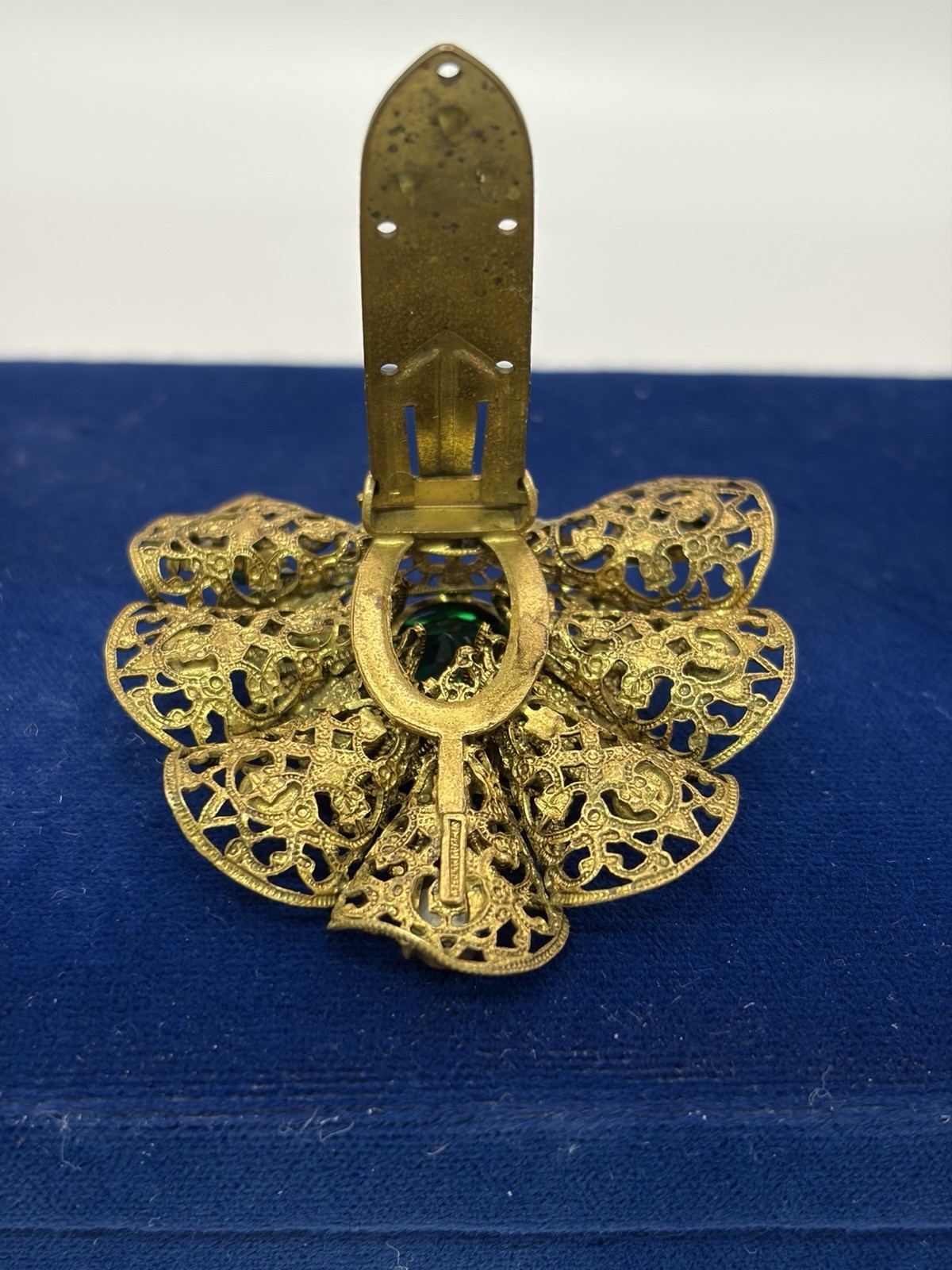 Victorian Czech Gold Tone Filagree Green Stone Dress Clip/ Pin Antique