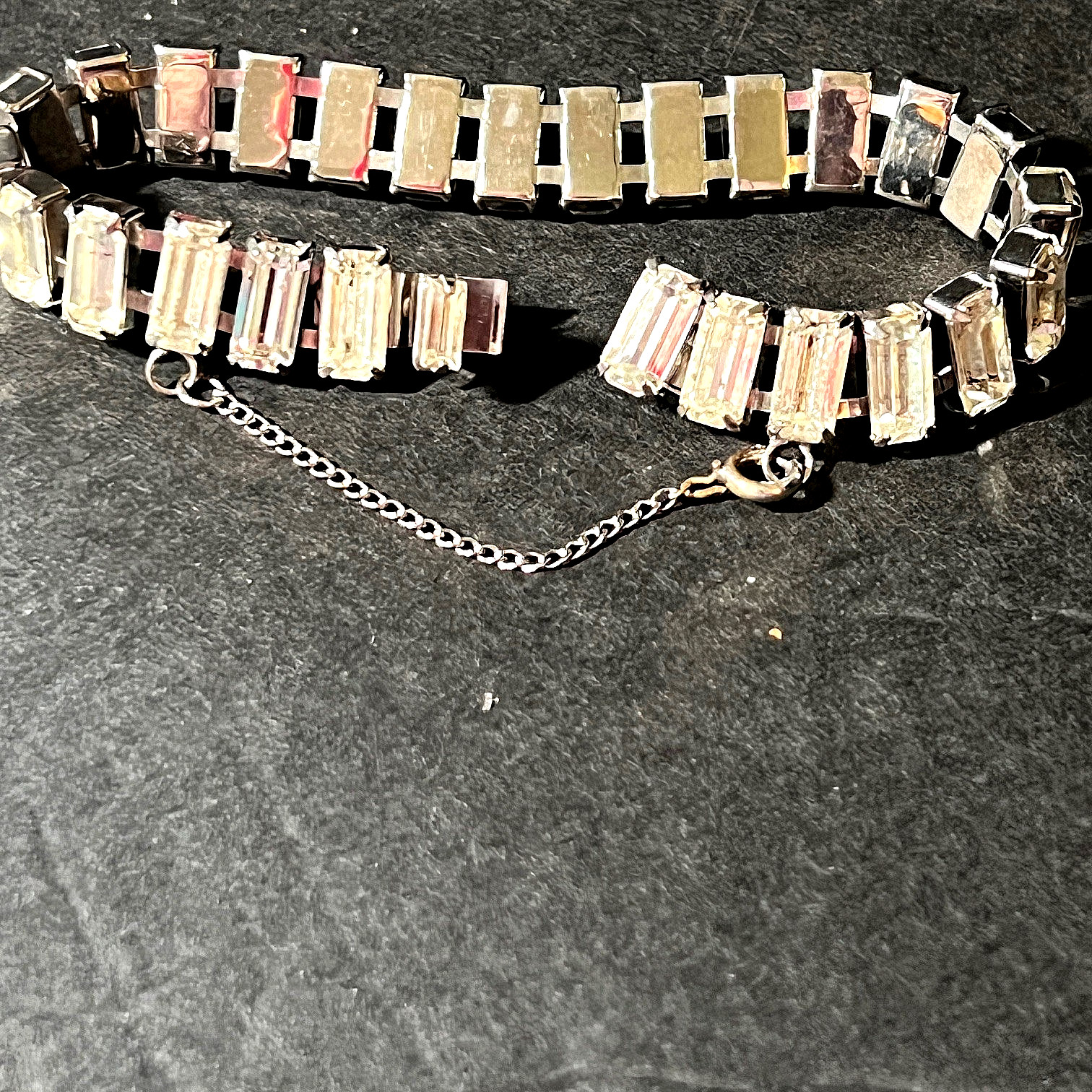 Vtg Wide Rhinestone Tennis Bracelet Box Clasp Safety Chain Octagon Cut Stones