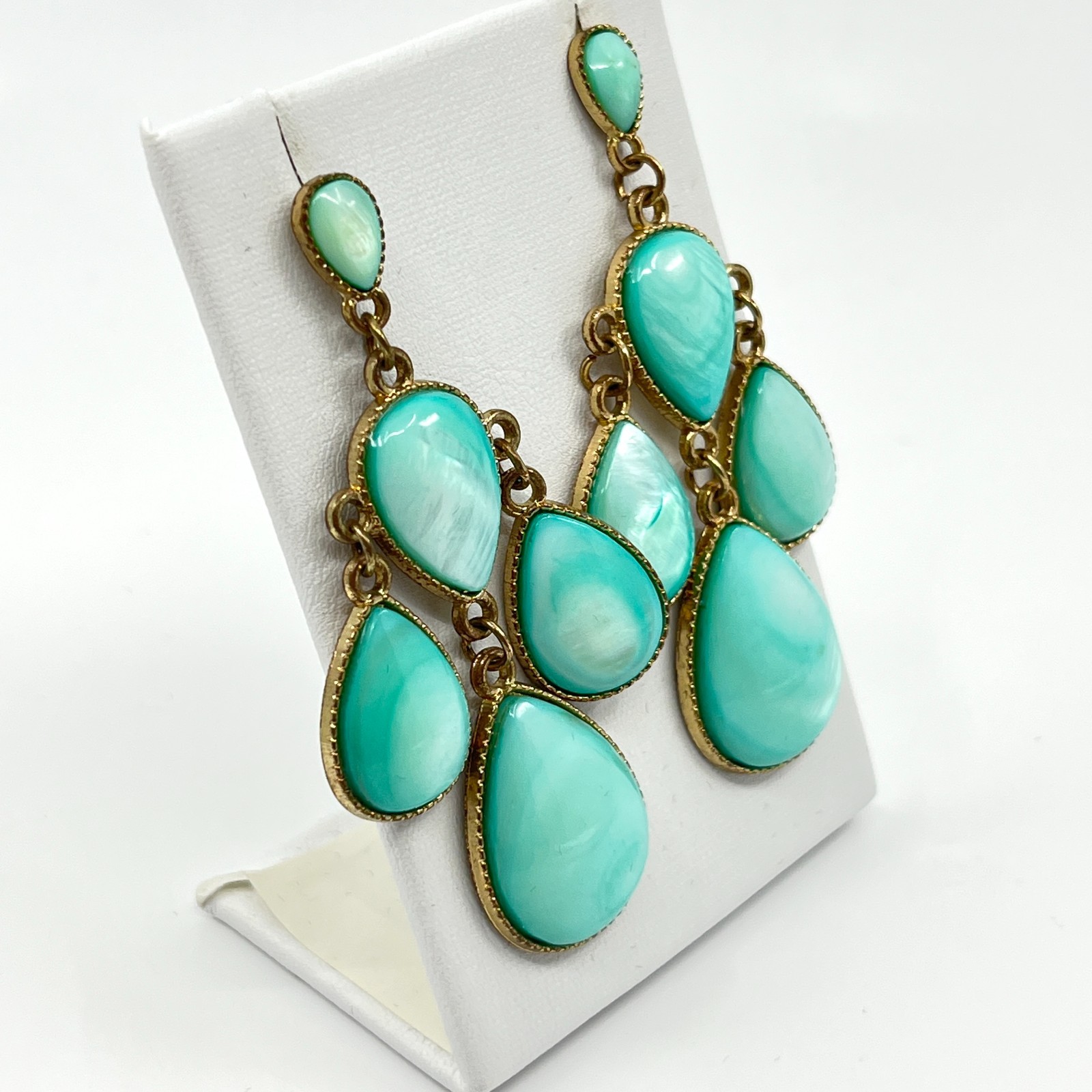 Vintage Boho Gold Tone Teal Faux MoP Teardrop Chandelier Blue Dangle Earrings
