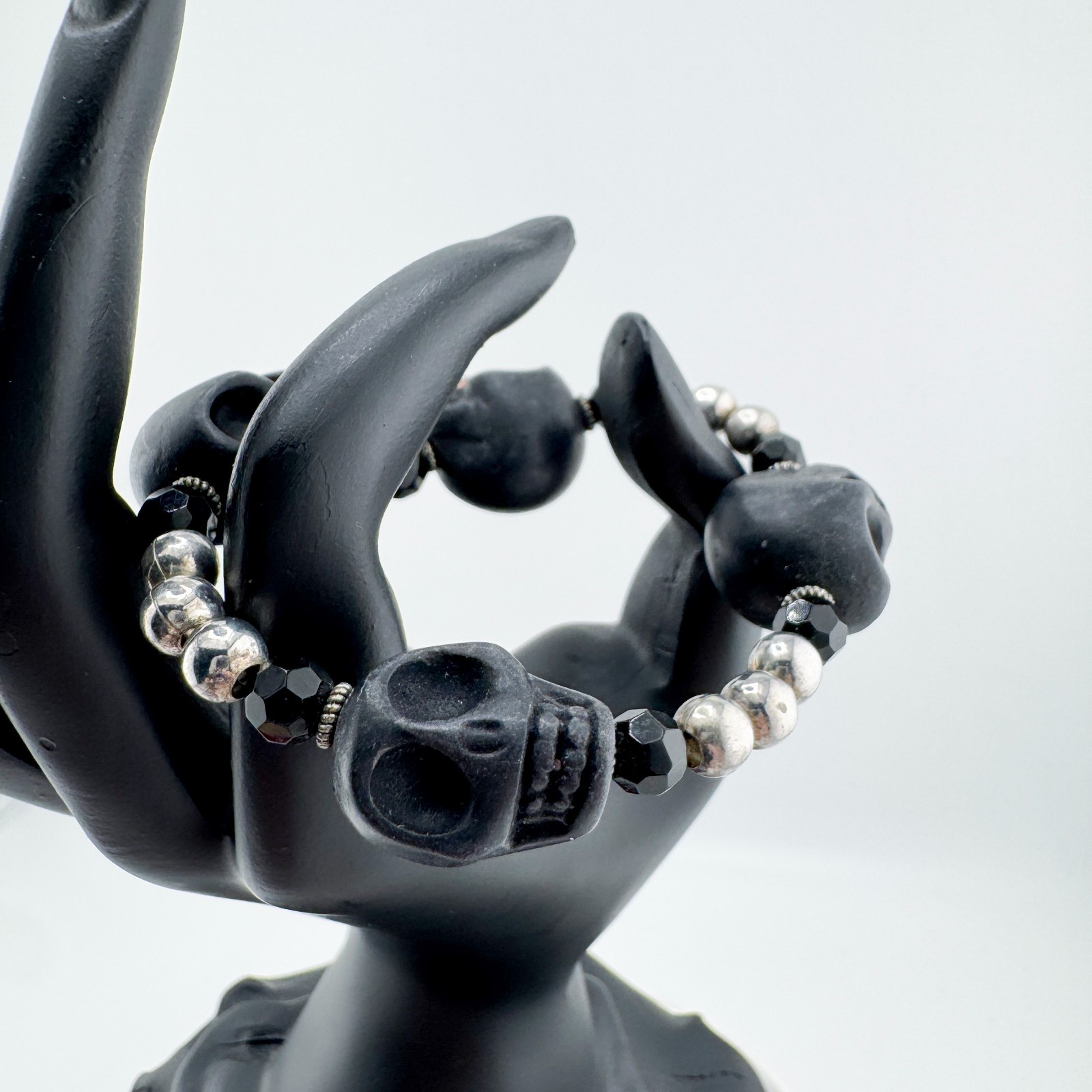 Black Skull & Silver Tone Beaded Stretchy Bracelet Gothic Edgy Rocker Punk Retro
