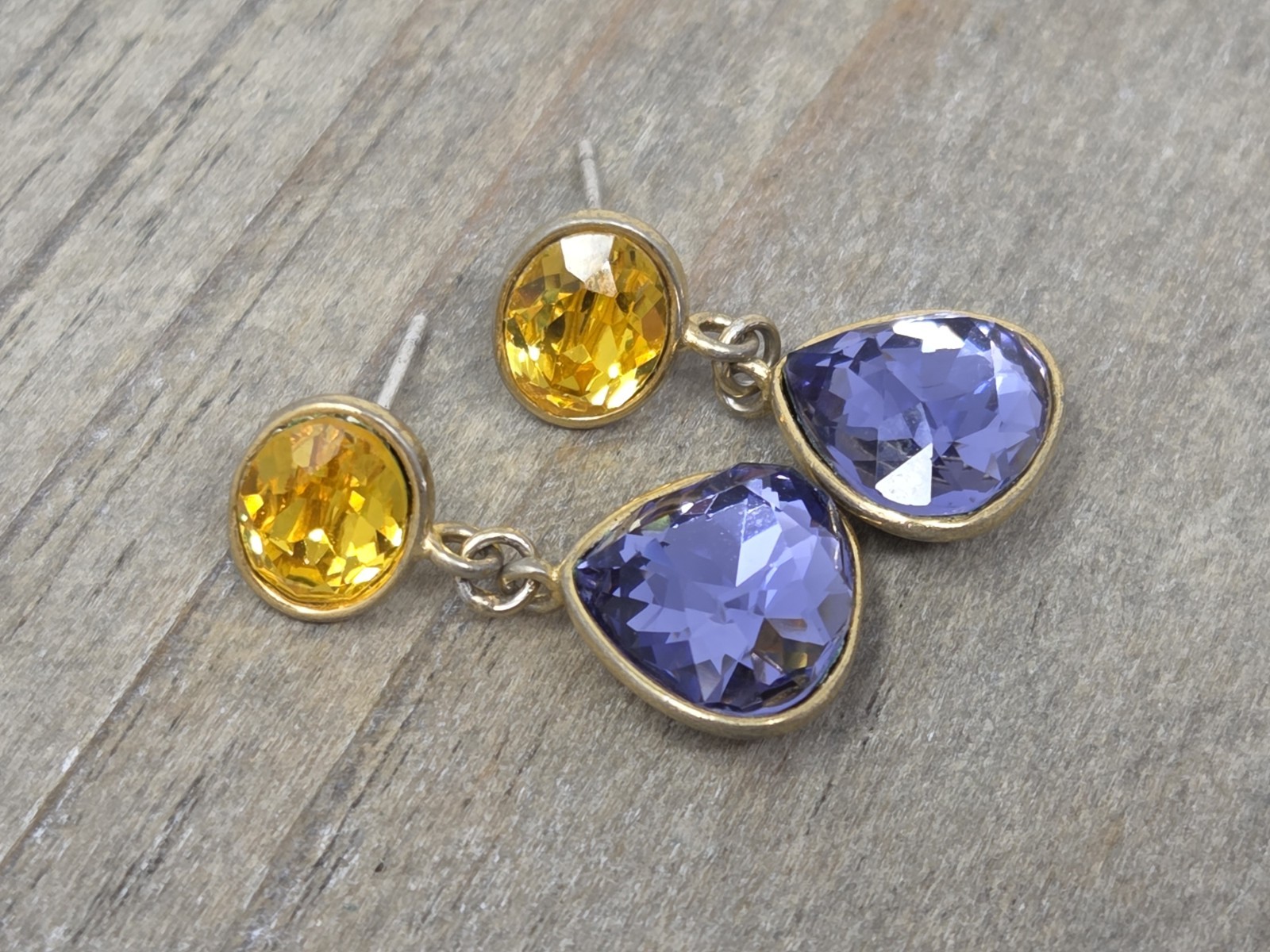 Purple & Yellow Crystal Dangle Drop Earrings Vintage Teardrop Unsigned .9″