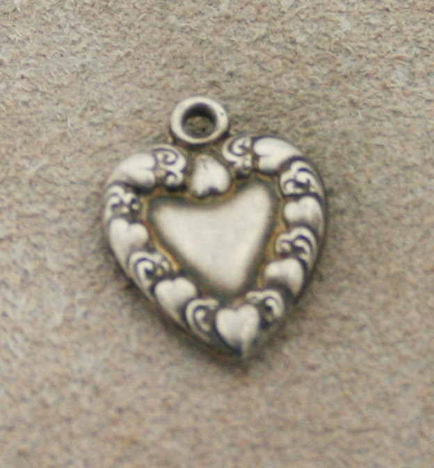 VICTORIAN VINTAGE STERLING PUFFY HEART CHARM – Hearts & Swirls Border & engr.