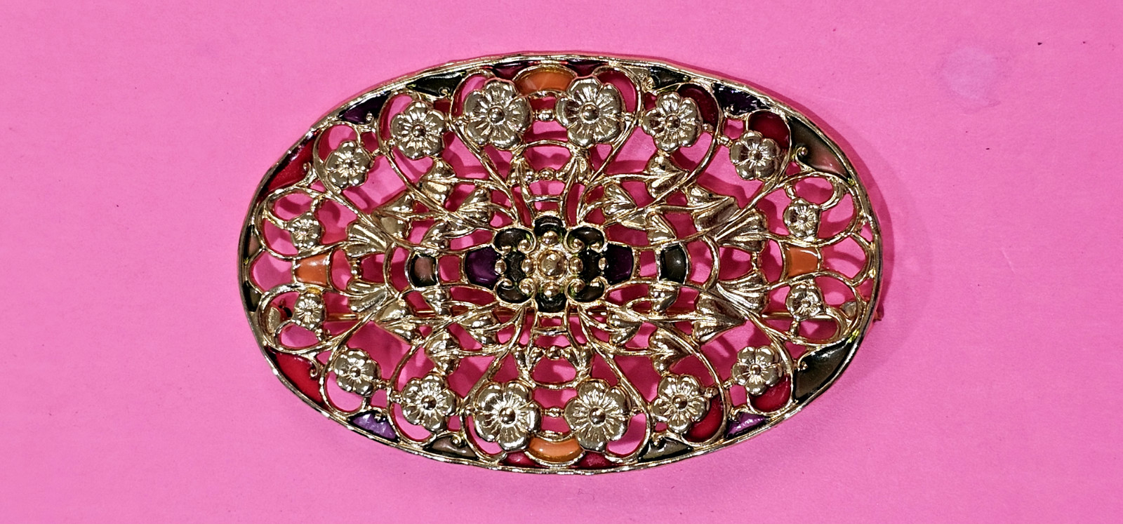 VINTAGE NAPIER broach gold tone red & green enamel almost 2” by 3” oval shape