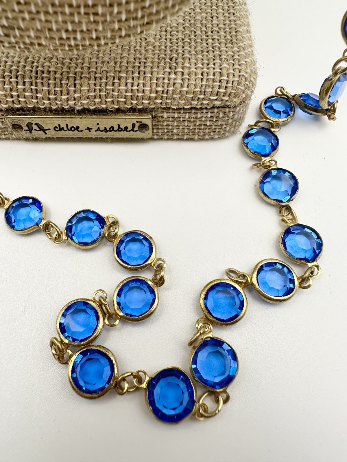 Vintage Austrian Crystal USA Blue Crystal Bezel Necklace 34”Long
