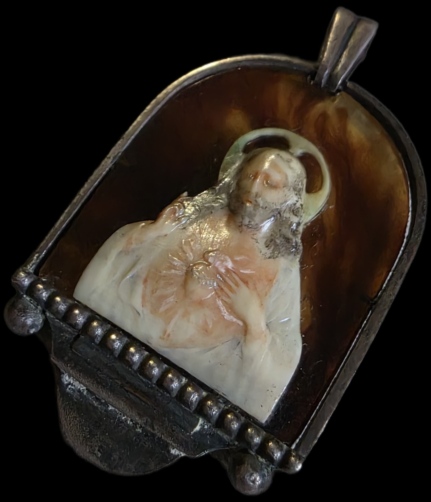 Fine Antique Art Nouveau Silver Sacred Heart of Jesus Pendant Reliquary Ca 1900s