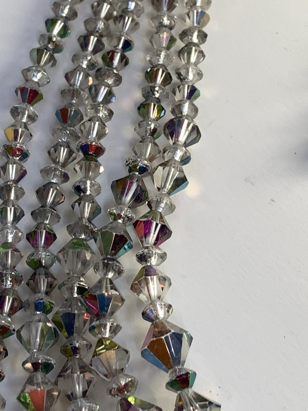 Aurora Borealis Multi Strand Collar Necklace Glass Beaded Bicone AB Silver Vtg