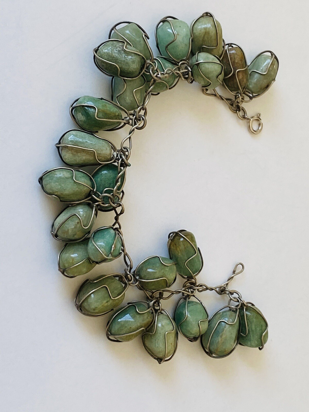Vintage Sterling Silver Green Jade Tumbled Stone Wire Wrap Link Bracelet 7”