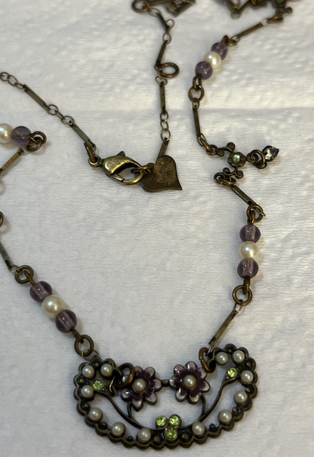 Glass Works Studio Signed Necklace Vintage Hang Tag Flowers Enamel Faux Pearl