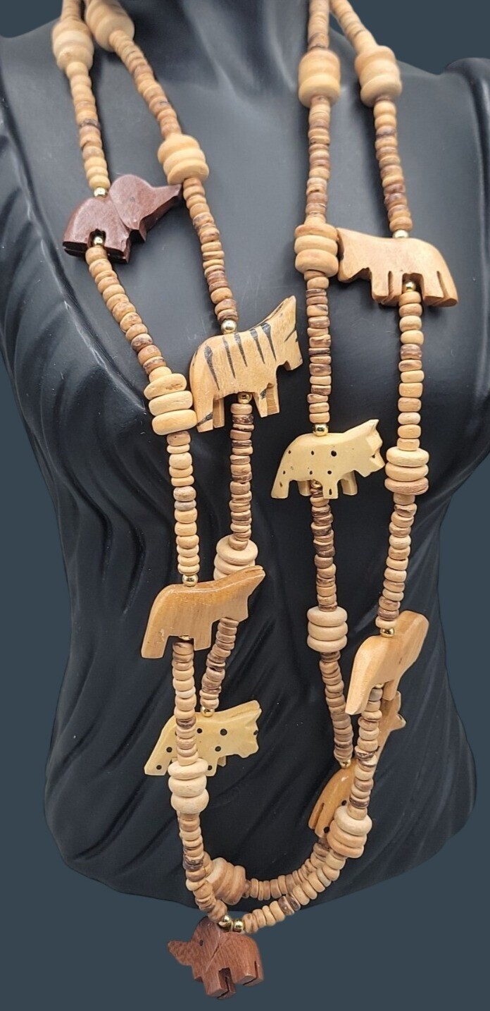 Vintage Double Strand Hand Carved Wooden Safari Animal 16″ Statement Necklace