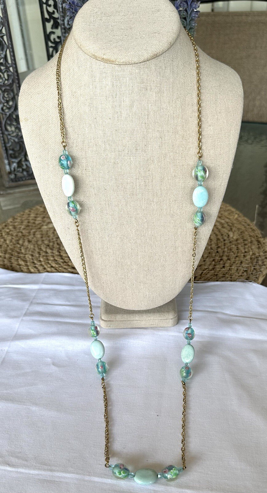Vintage Gold Tone Aqua & Light Blue Glass Beaded Long Unique Chain Necklace 36″