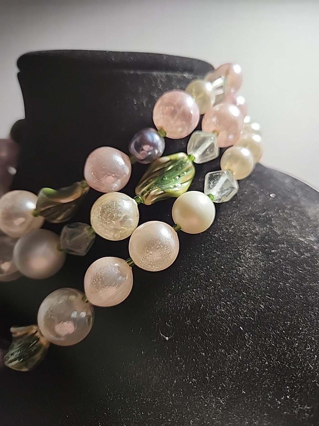 Vintage Pastel Multi Color Green Leaf Accent 3 Strand Large Beads Necklace