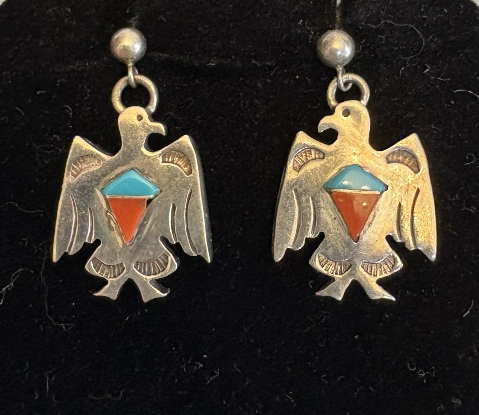 Vintage Native American Sterling Silver Turquoise Red Coral Thunderbird Earrings
