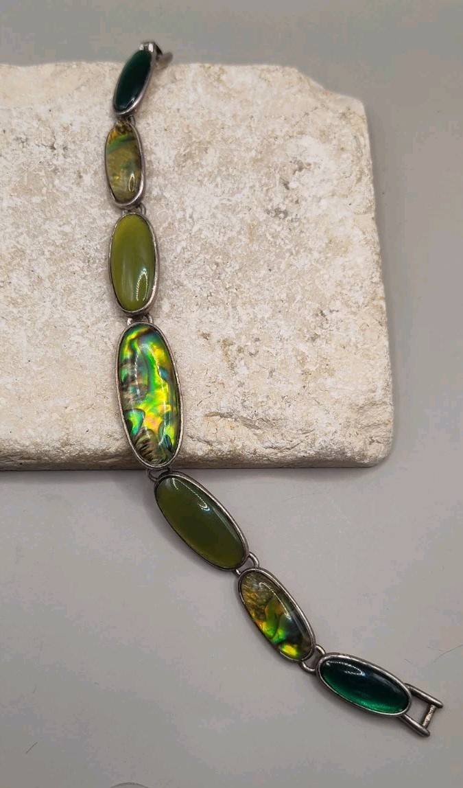 Vintage Silver Plated Abalone Shell Stone Bracelet 7″