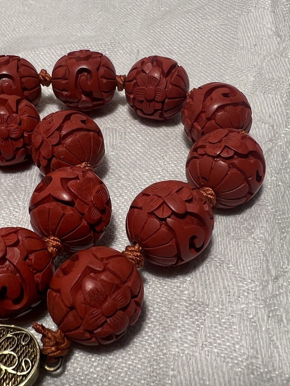 Vtg. 26” Chinese Carved Cinnabar Lacquer 1/2”Bead Necklace Silver Filigree Clasp