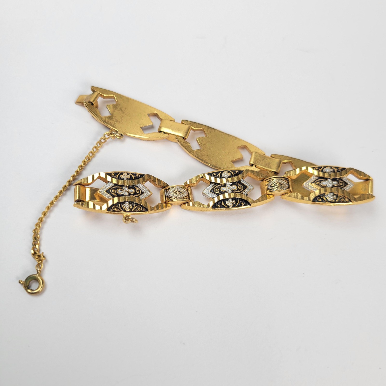Gold Tone Damascene Link Bracelet Black Enamel Floral Safety Chain Jewelry 7in