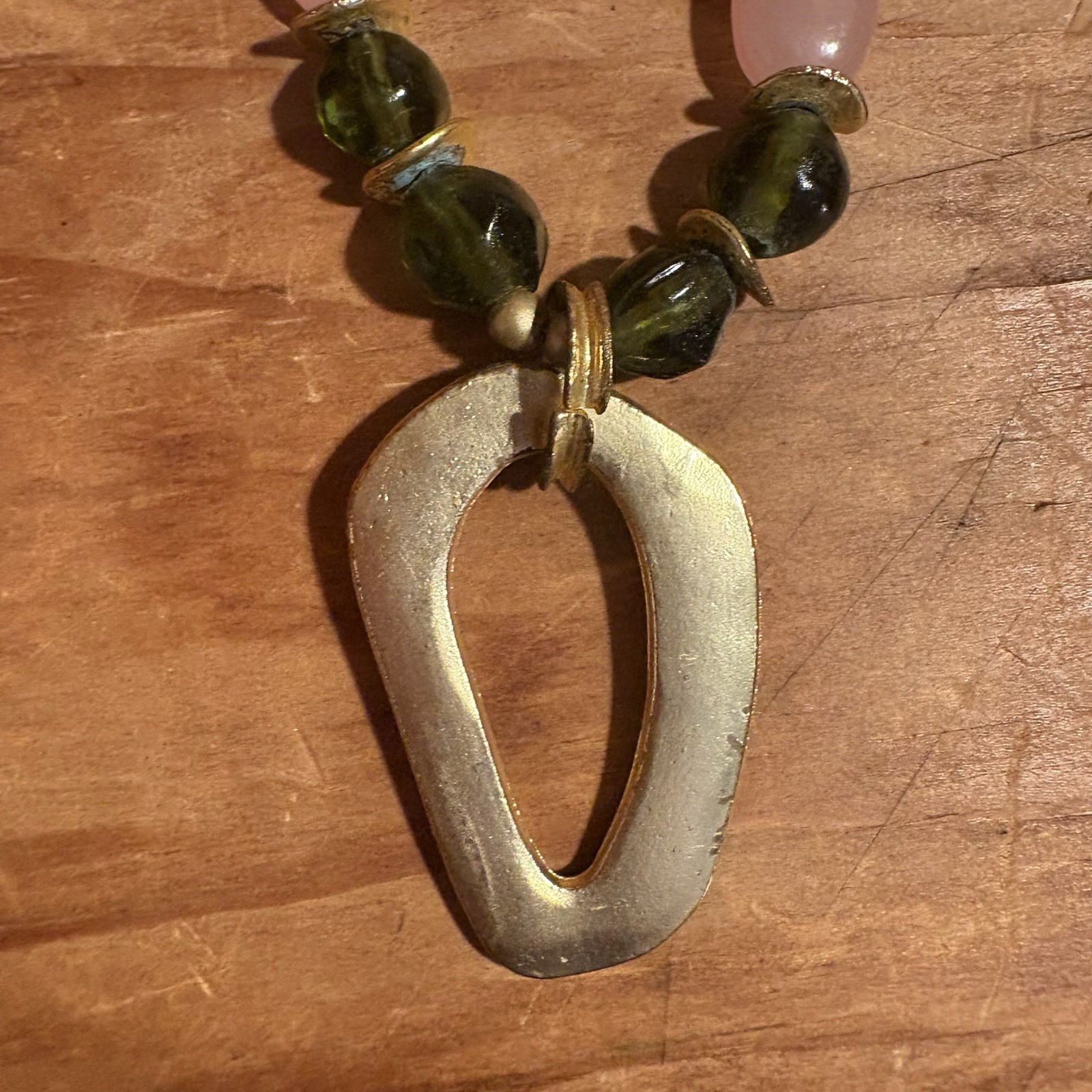 Boho Vintage Beaded Necklace Rose Quartz Tiger Eye Glass Brass Pendant Handmade