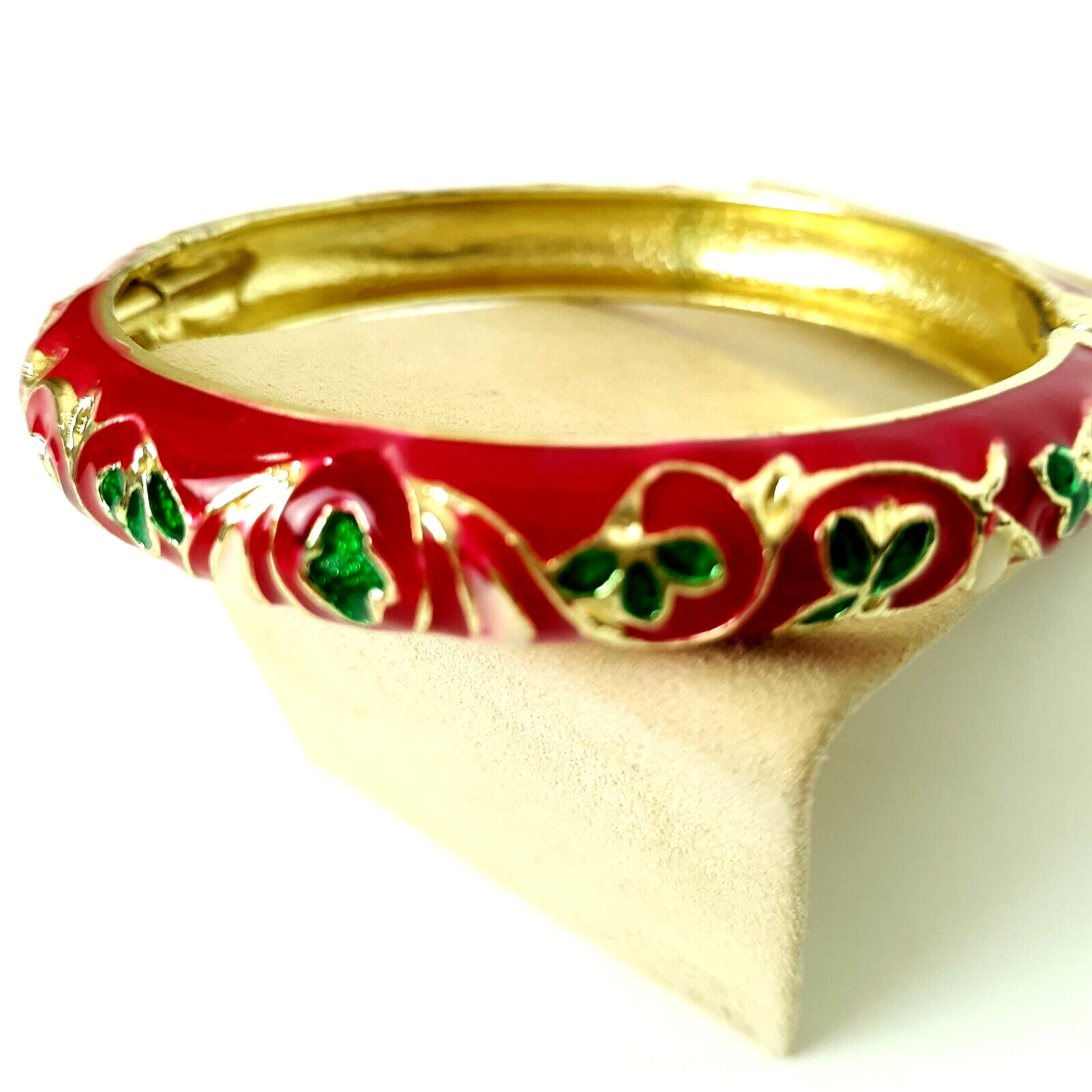 Cloisonne Style Bangle Bracelet Red Enamel Floral Pattern Hinged Opening