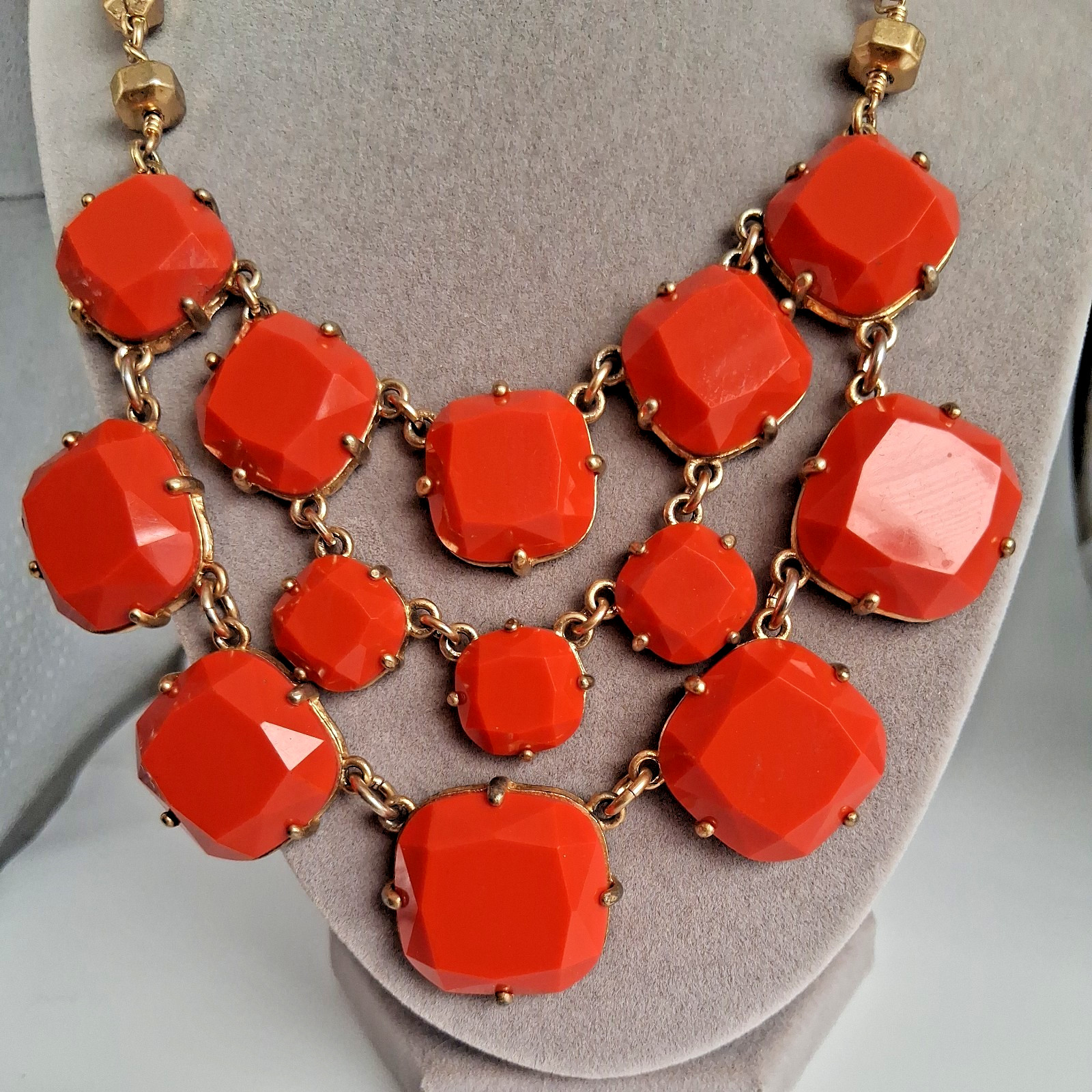 Vintage Stella & Dot Orange Bib Gold tone Bib Statement Layered Necklace 16-20″