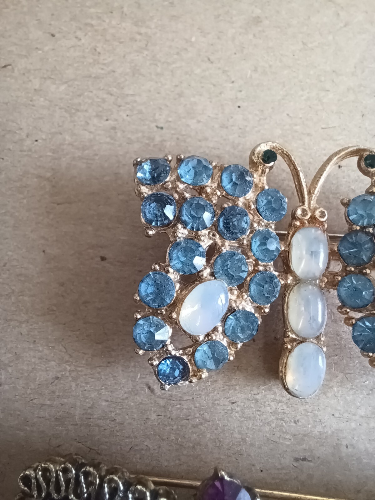 Vintage Lot Of 2 Rhinestone Butterfly Pins Brooches Pink Purple And Blue Milky