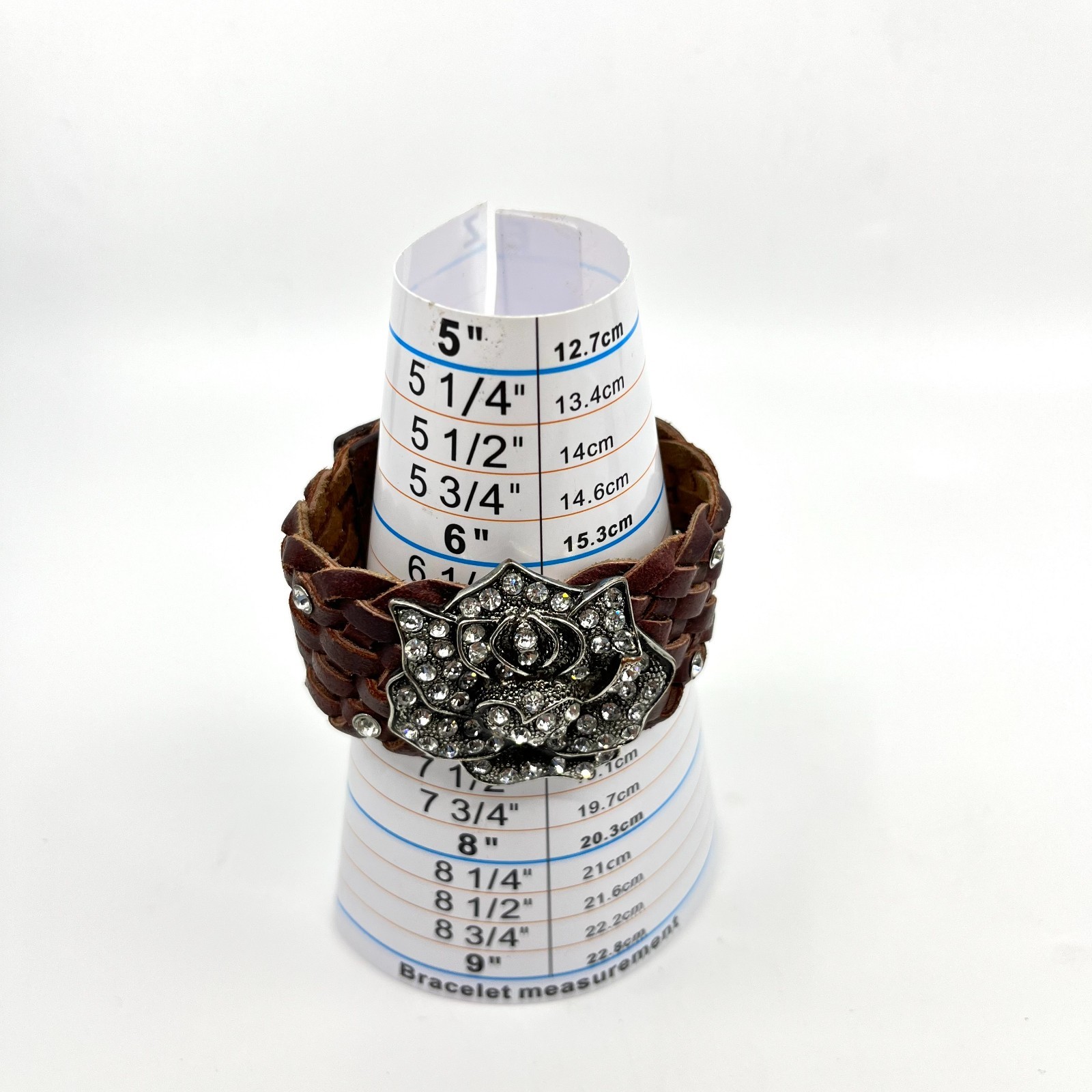 Vintage Y2K Brown Braided Leather Rhinestone Flower Cuff Bracelet Boho Retro