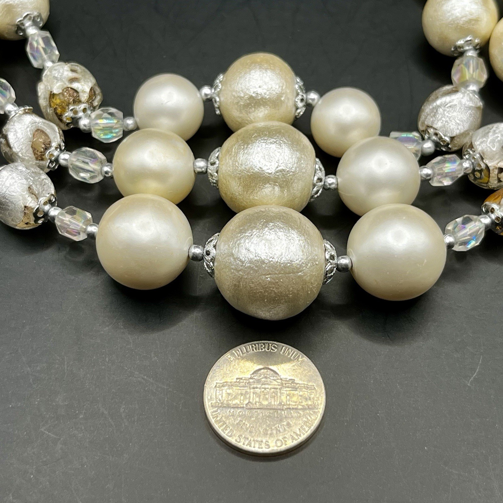 Vintage Japan Necklace Faux Pearls AB Beads Graduated Triple Strand *READ NOTES