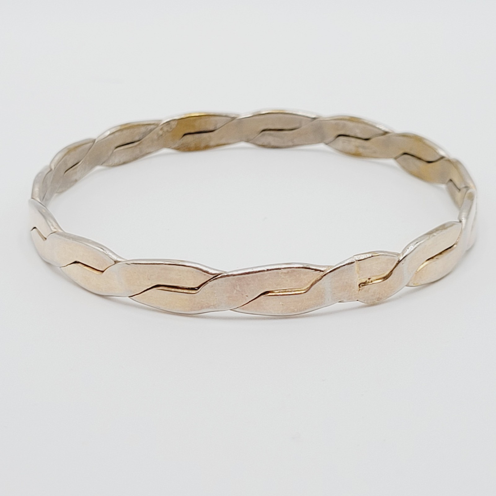 Vintage Mexico Metal Flat Braid Worn Silver Tone Brass Bangle Bracelet 8 Inch