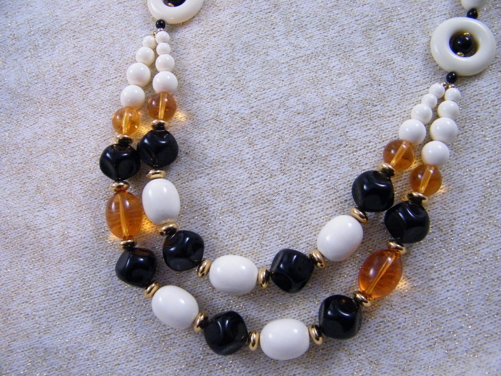 VINTAGE NEW TRIFARI~ CREAM / ORANGE / BLACK / GOLD TONE 24″ BEAD DOUBLE NECKLACE