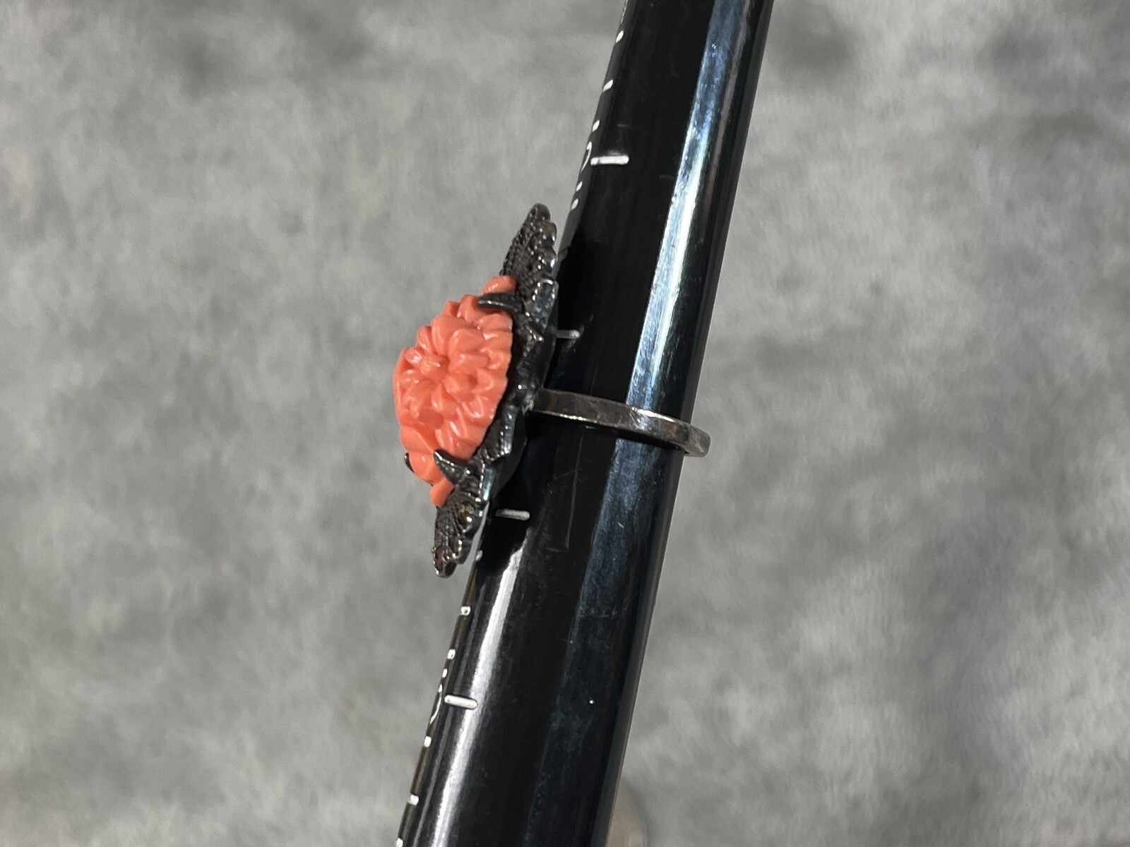 Antique Sterling Marcasite Coral Glass Floral Ring, Size 3.75