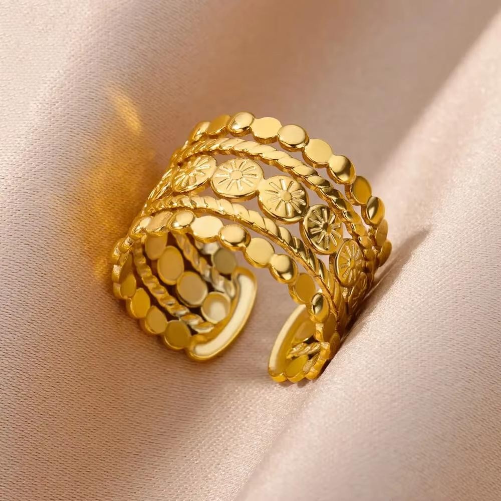 Vintage Geometric Flower Adjustable Ring Gold Plated 316l Stainless Steel Gift