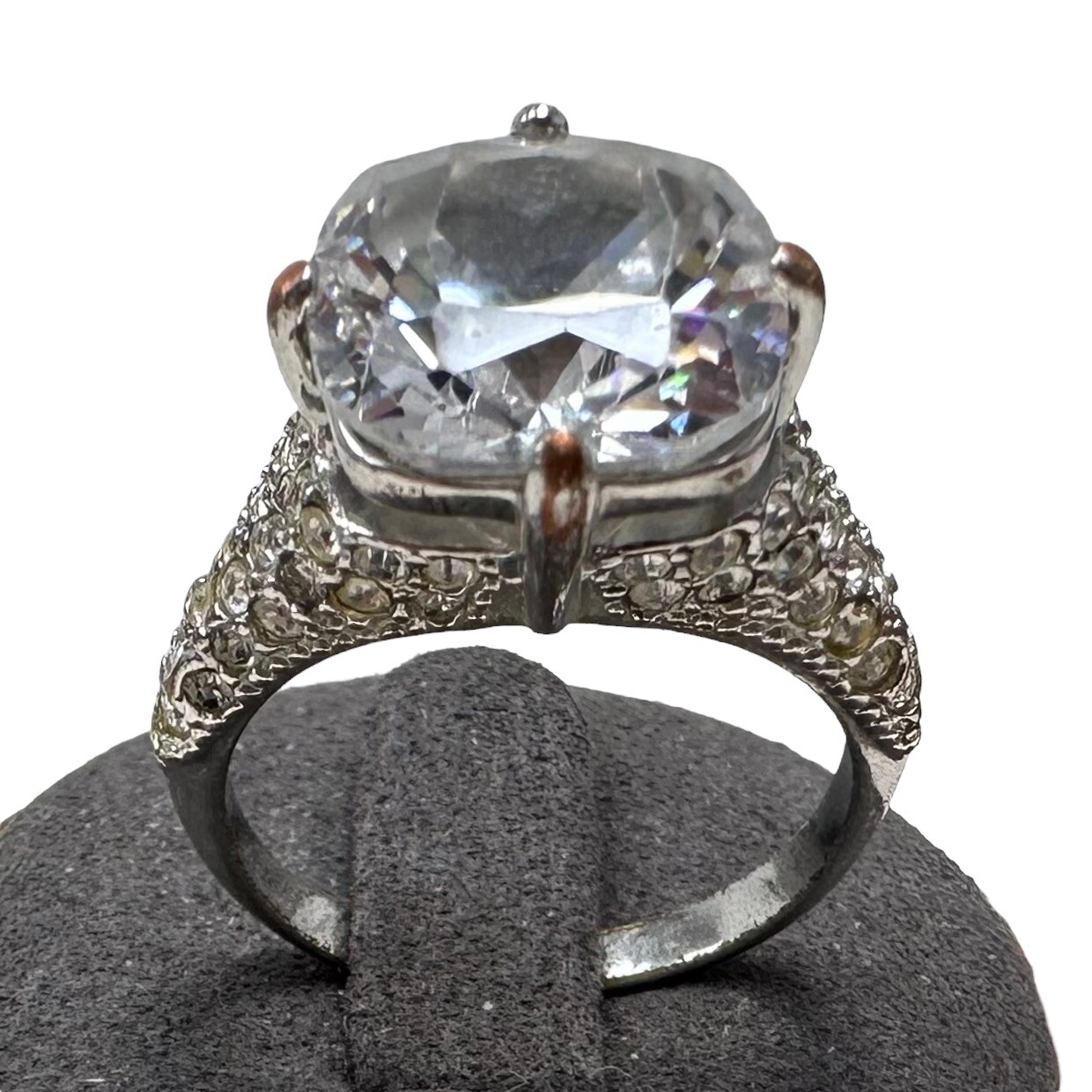 Vintage Silver Tone Cushion Cut Clear Crystal Rhinestone Ring Size 9