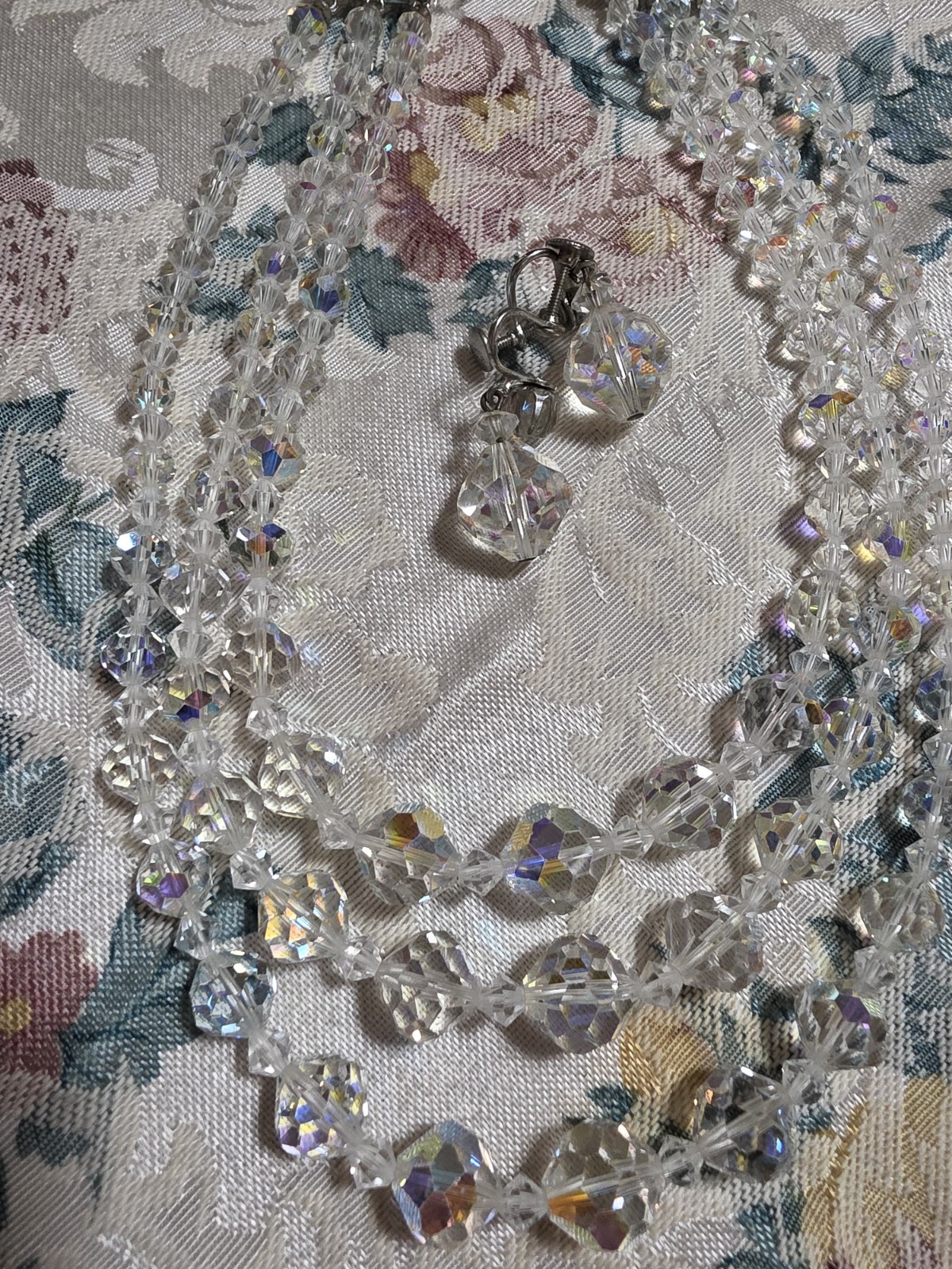 Vintage Triple Strand Graduated AB Faceted Crystals & Earrings Set Adj Necklace