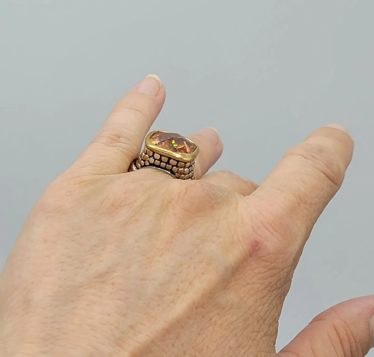 Vtg Sz 6 Ring Lg Citrine Topaz Cubic Zirconia Medieval Theme Fashion Jewelry Dot