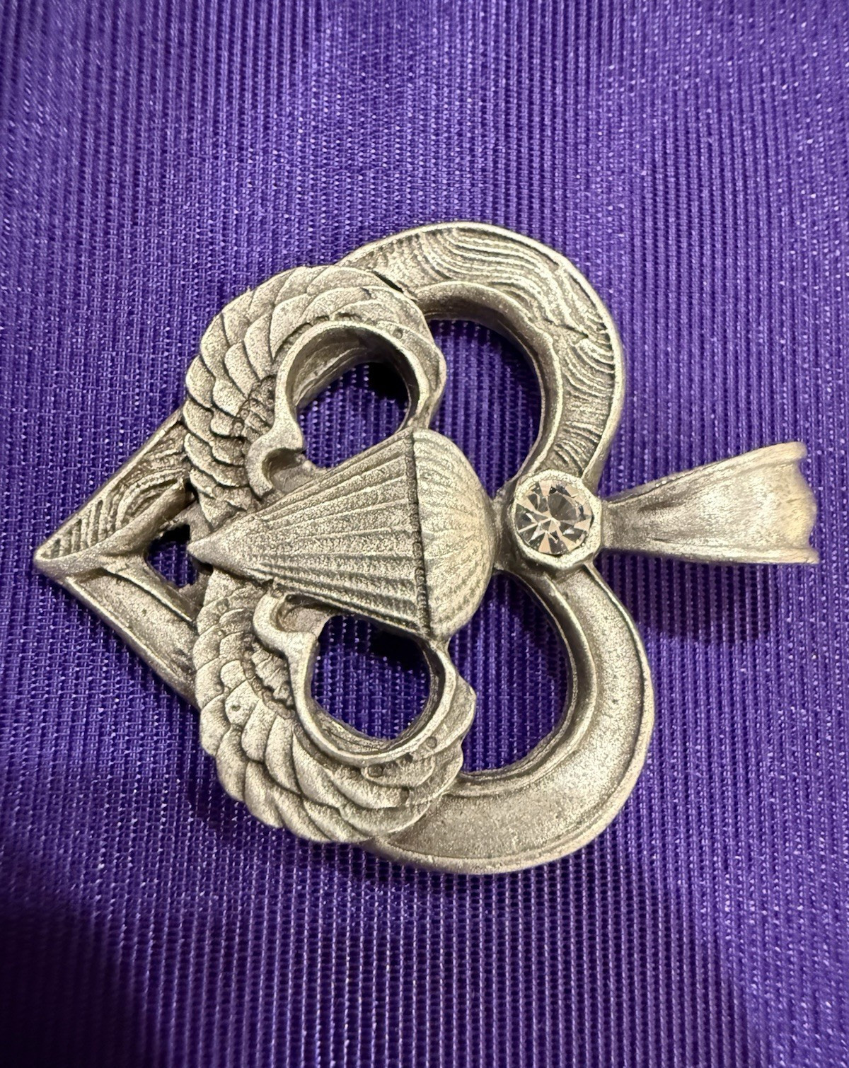 Vintage US Army Paratrooper Pewter Heart Pendant with Rhinestone Accent