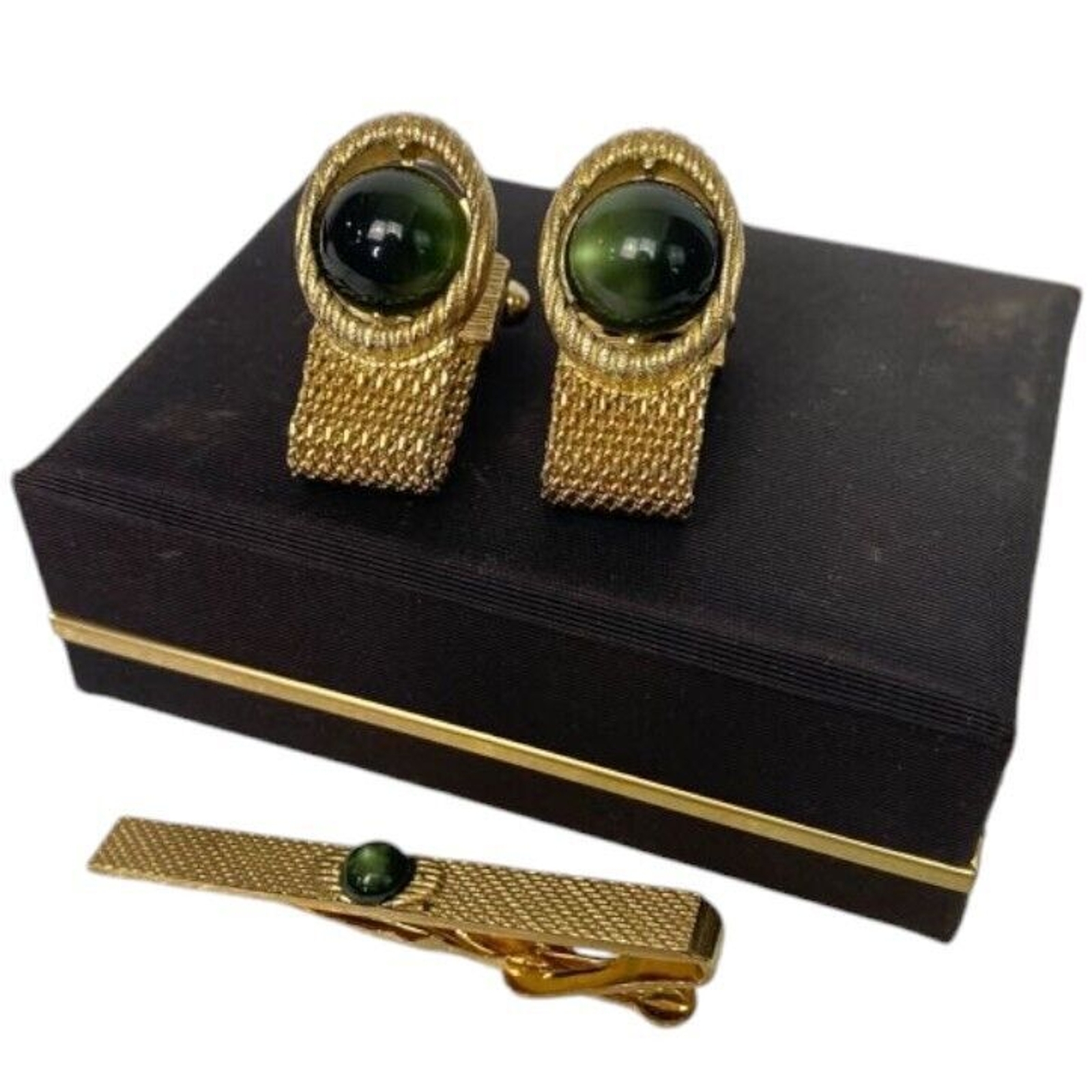 SWANK Green Cabochon Wraparound Mesh Fold over Cuff Links & Tie Clip Vintage