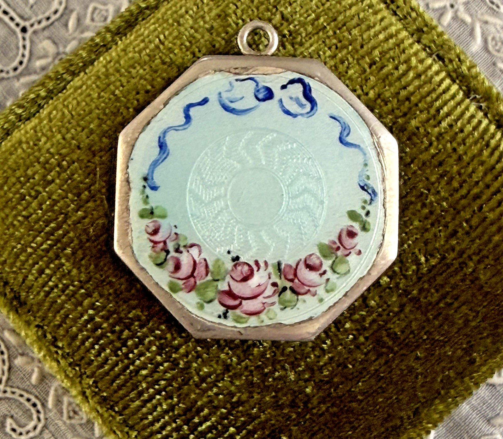 Vintage Art Deco Sterling Guilloche Enamel Religious Sacred Heart Locket Pendant