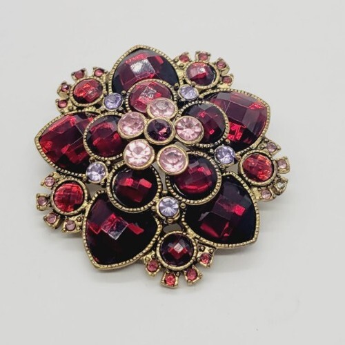 Flower Brooch Pin PURPLE pink Red Gold tone 1.75 in 3D Art Deco Vintage