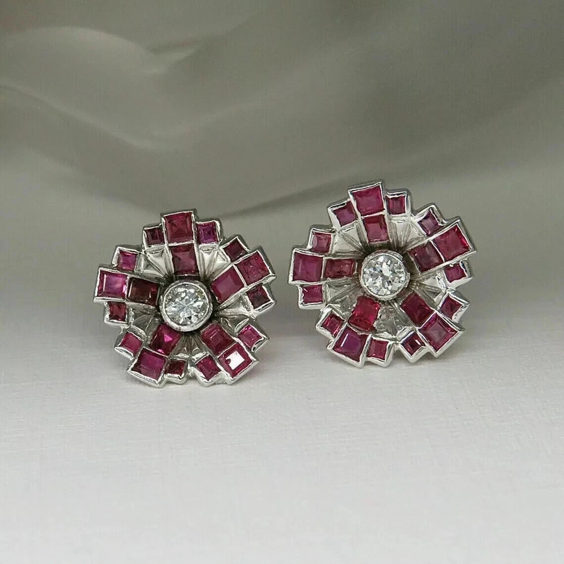 Art Deco Lab Created Diamond & Ruby 14K White Gold FN Floral Cluster Earrings