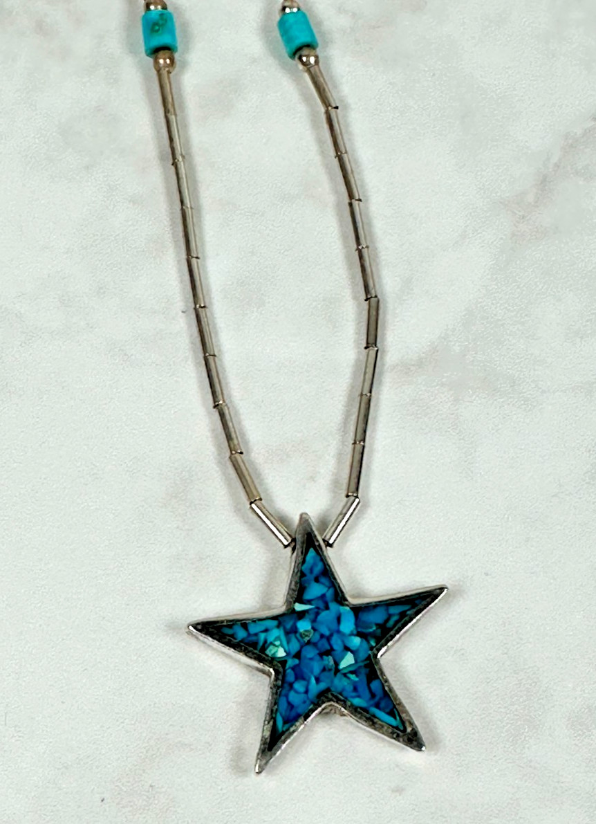 Sterling Silver Texas Star Necklace with Turquoise Chip Inlay – 14″