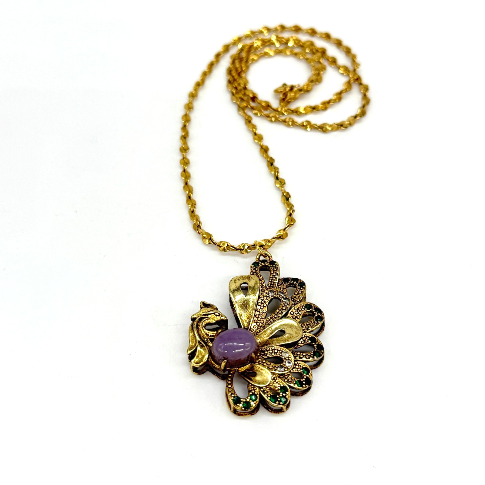 Vintage Peacock Pendant Necklace Purple Cabochon Belly Green Rhinestones