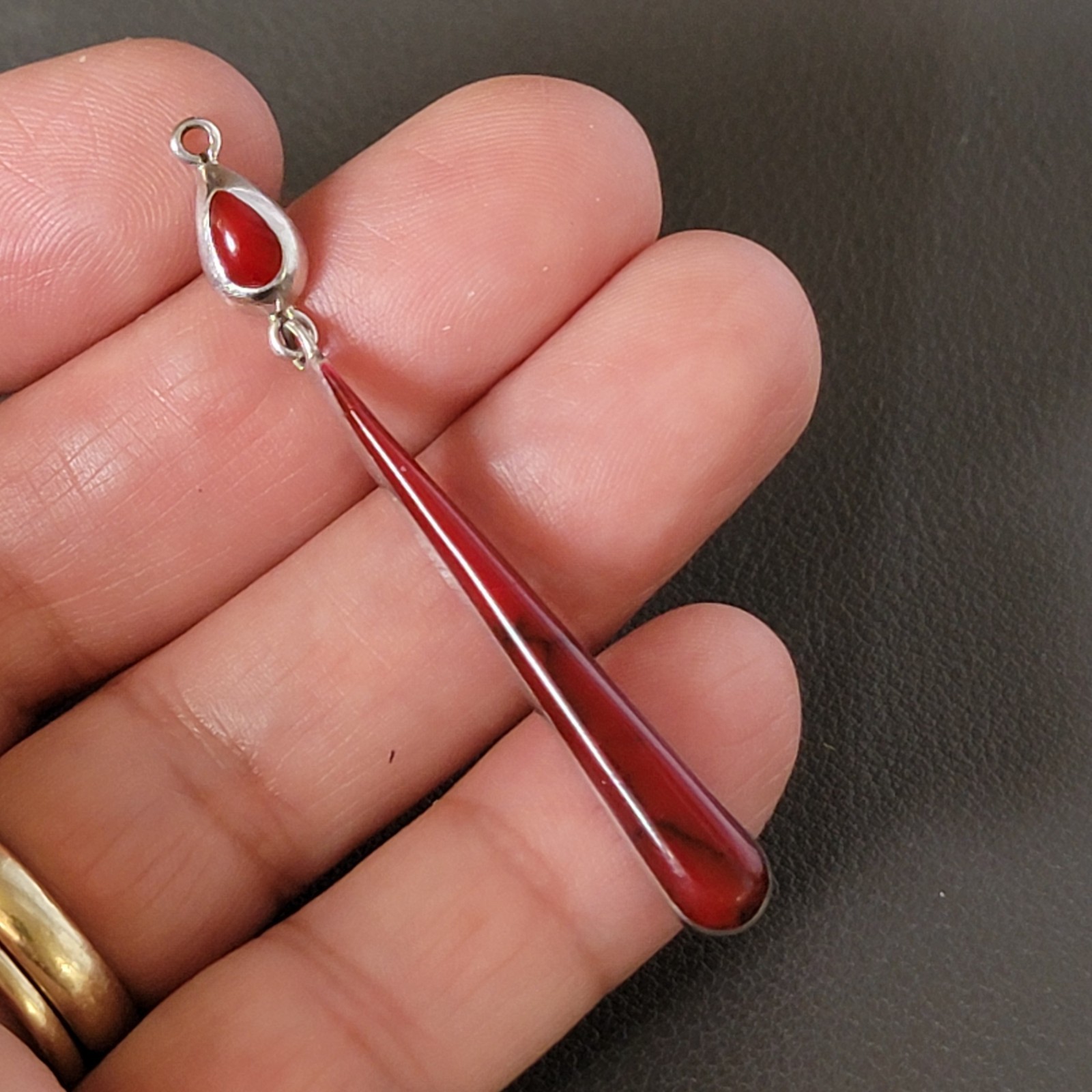 Sterling Silver Long Drop Pendant 925 Vintage Repurosed Red Glass Earrings MEX