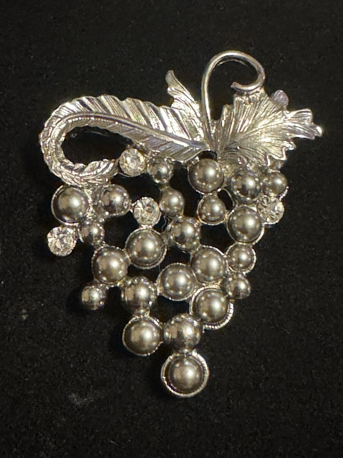 1928 Bunch Of Grapes Brooch, Metal with Faux Gray Pearls and White Rhinestones