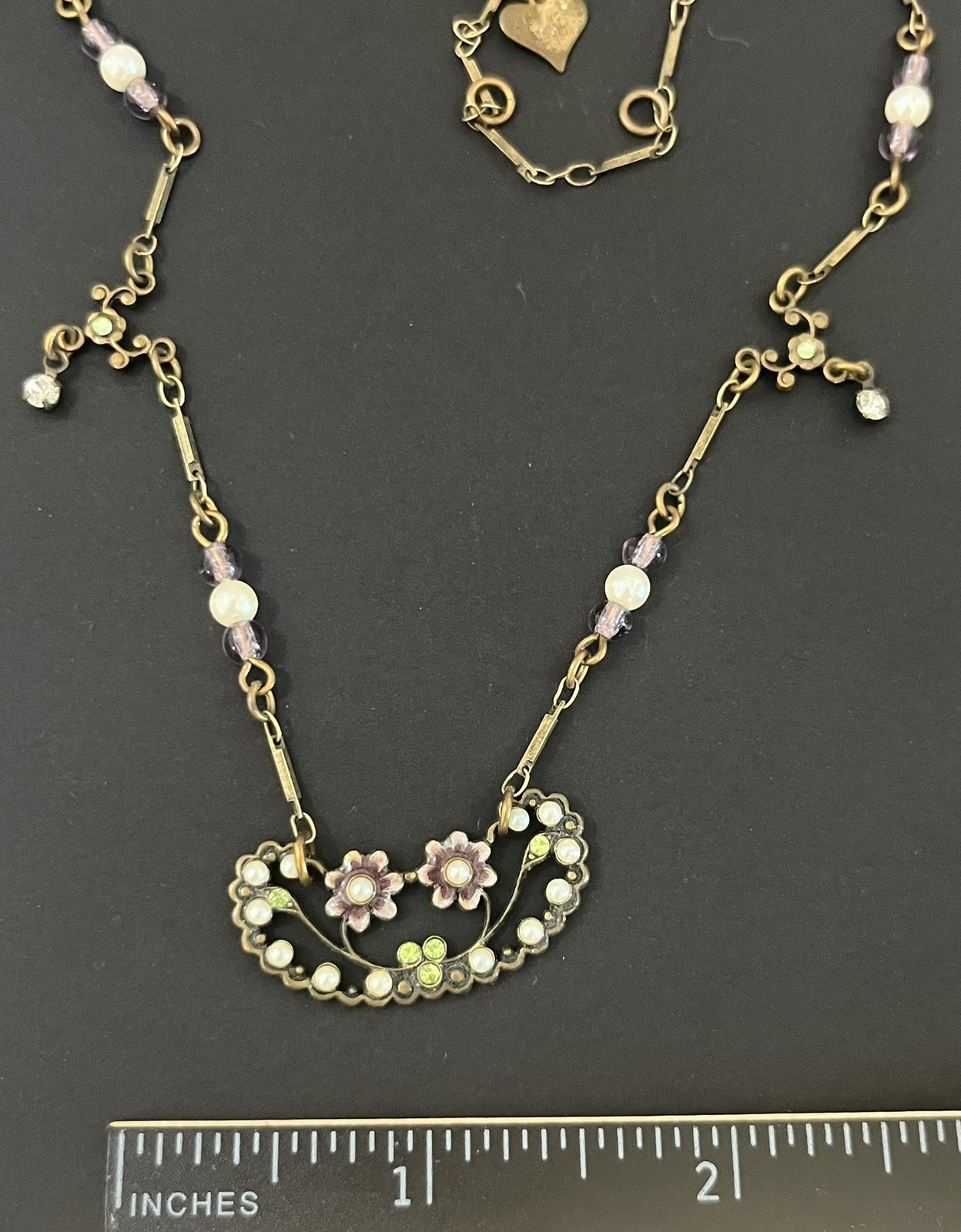 Glass Works Studio Signed Necklace Vintage Hang Tag Flowers Enamel Faux Pearl